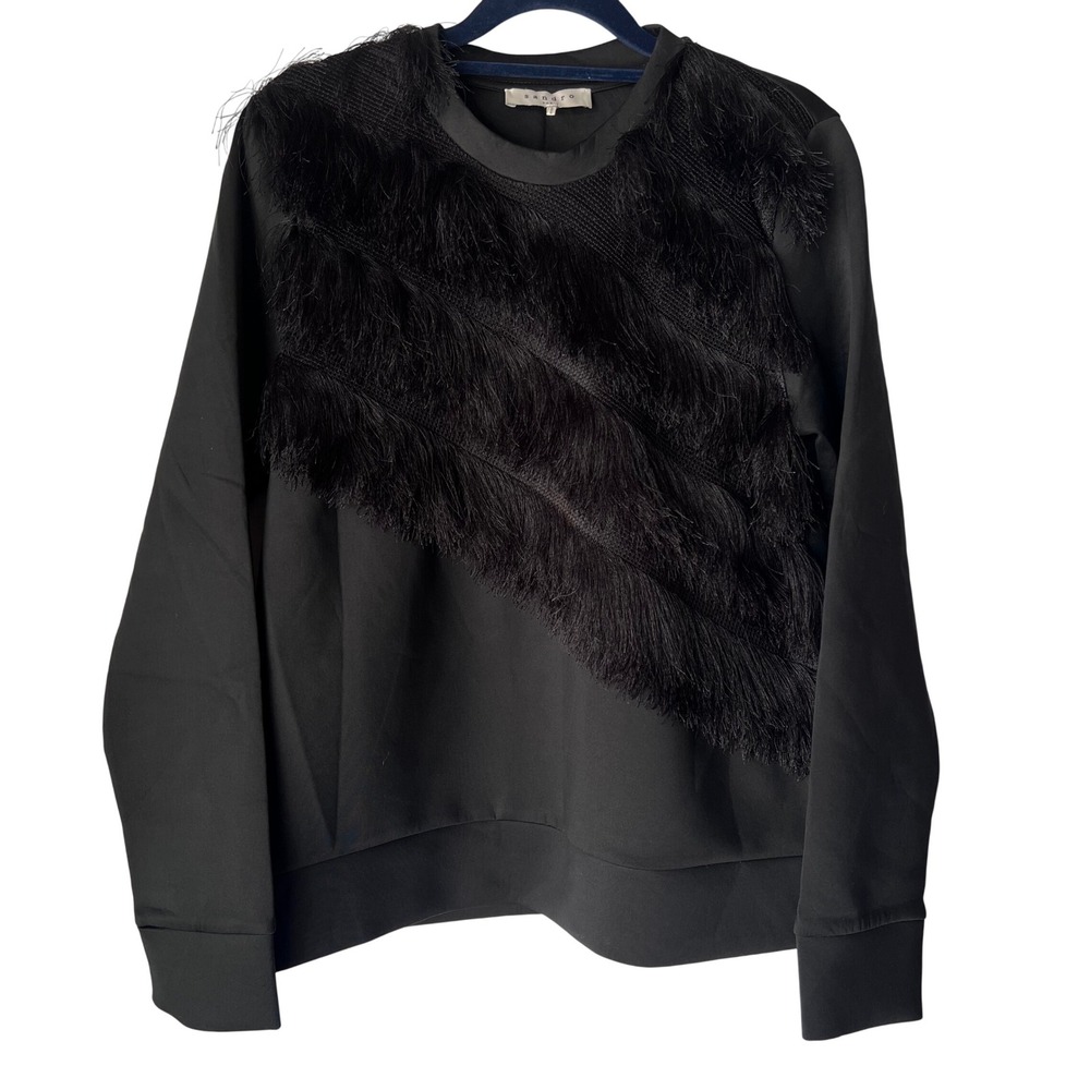 Sandro Paris Black Fringe Sweatshirt Scuba Crew Neck